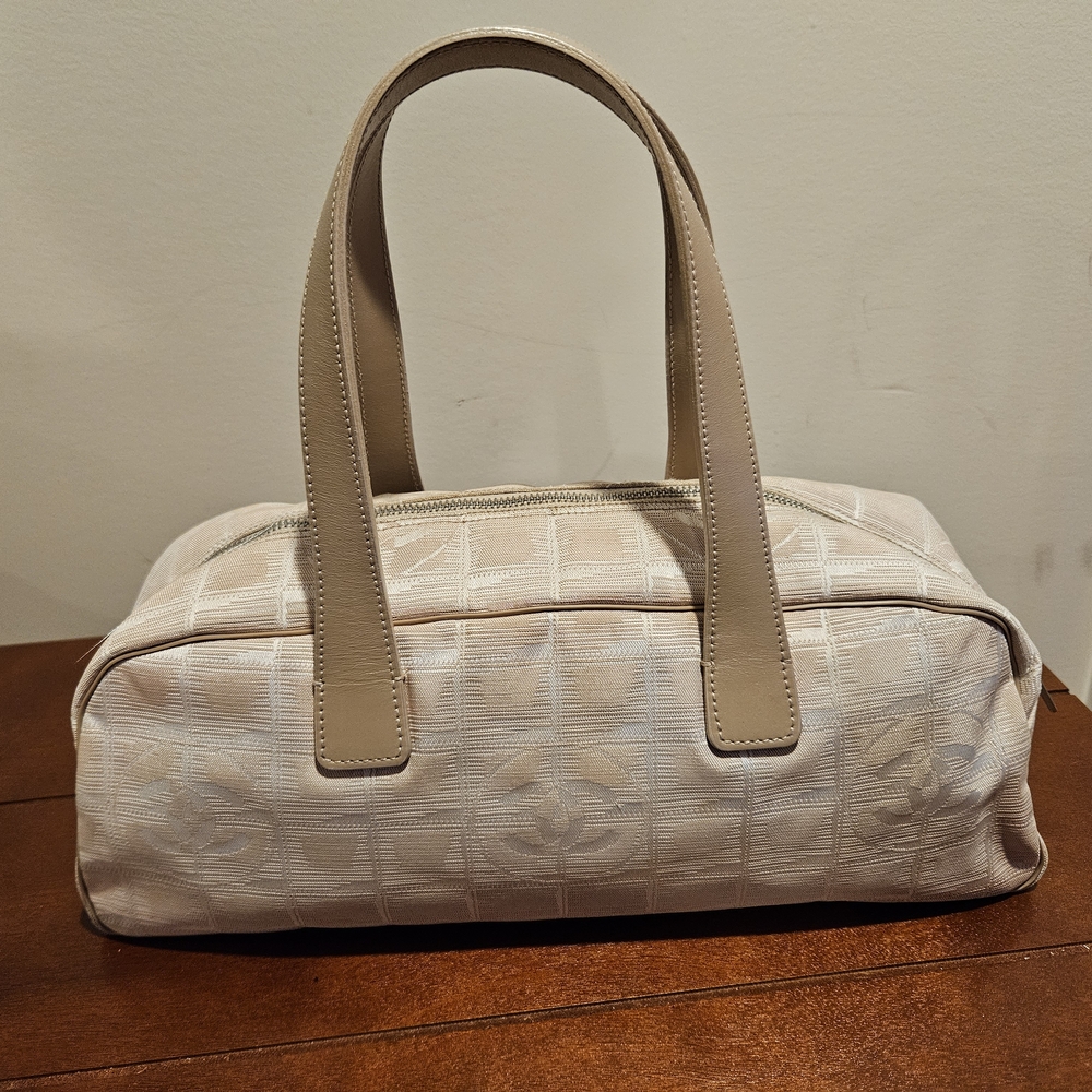 Authentic CHANEL Travel Line Beige Nylon and Leather Boston Bag